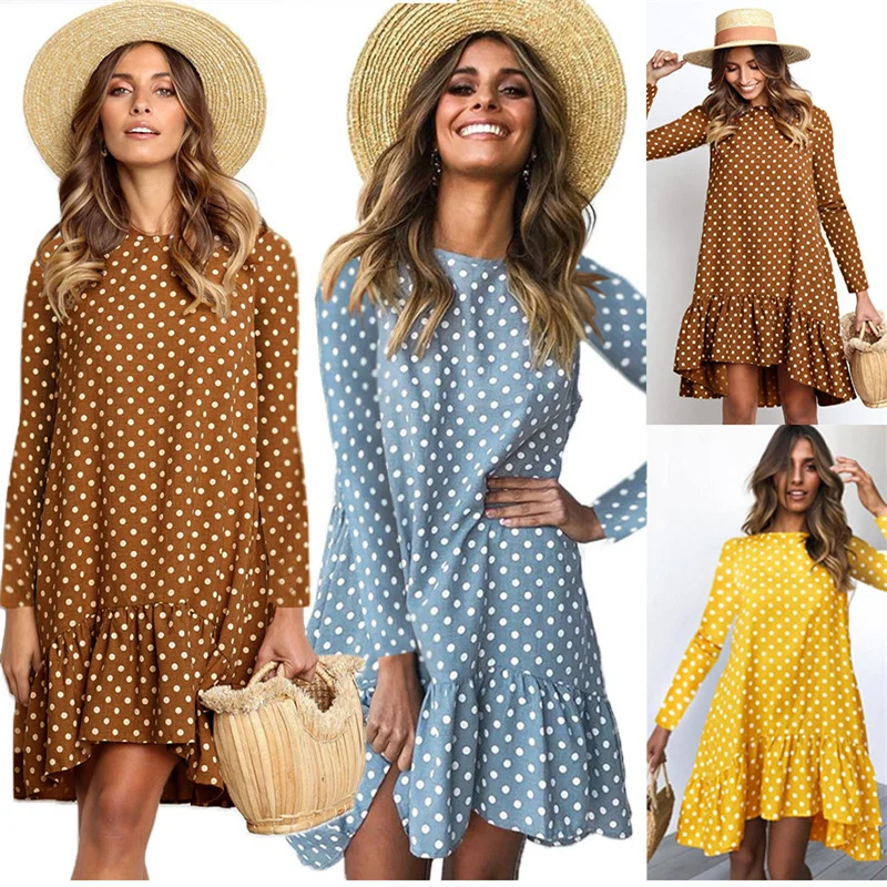 2020 Spring and Autumn Long-Sleeved Women Dress Fashion Print Polka Dot Ruffled women's Skirt Loose Big Swing | Женская одежда