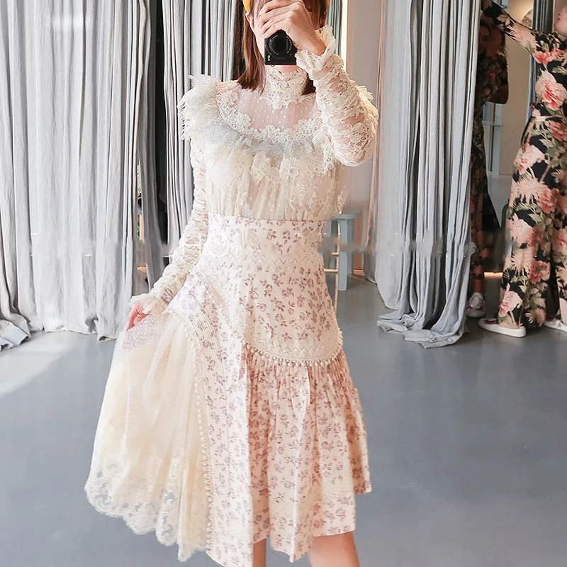 Floral Print Lace Woman 2 Piece Skirts Sets Long Sleeve Ruffles Mesh Female Blouse High Waist Tassel Irregular Skirts Two Piece