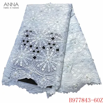 

Anna african white lace fabric nigerian organza fabrics embroidered with stones and beads hollow out design for wedding dresses