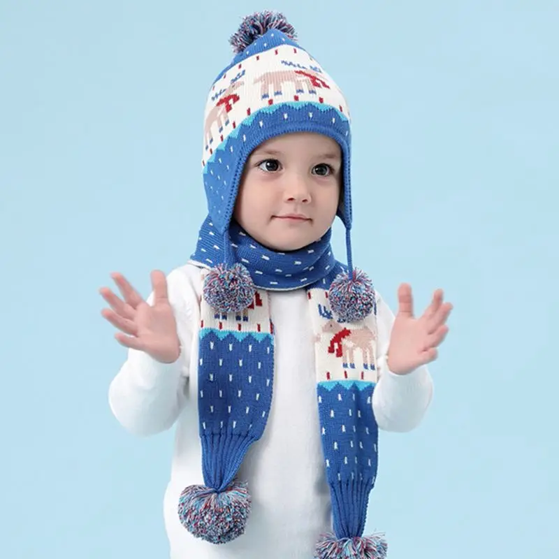 

Toddler Kids Winter Reindeer Jacquard Beanie Cap Scarf Fluffy Pompom Earflap Cap Contrast Color Patchwork Neck Warmer