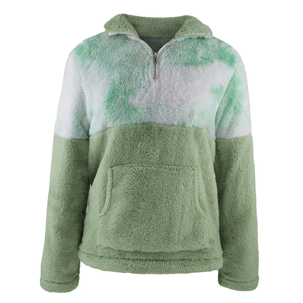 Fashion Warm Sweater Fleece Contrast Stitching Autumn Winter Thickened Sweater Ladies Zipper Lapel Street Tops Ladies Pullovers