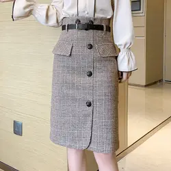 2019 Новая женская шерстяная клетчатая юбка с высокой талией средней длины темно-серая 817