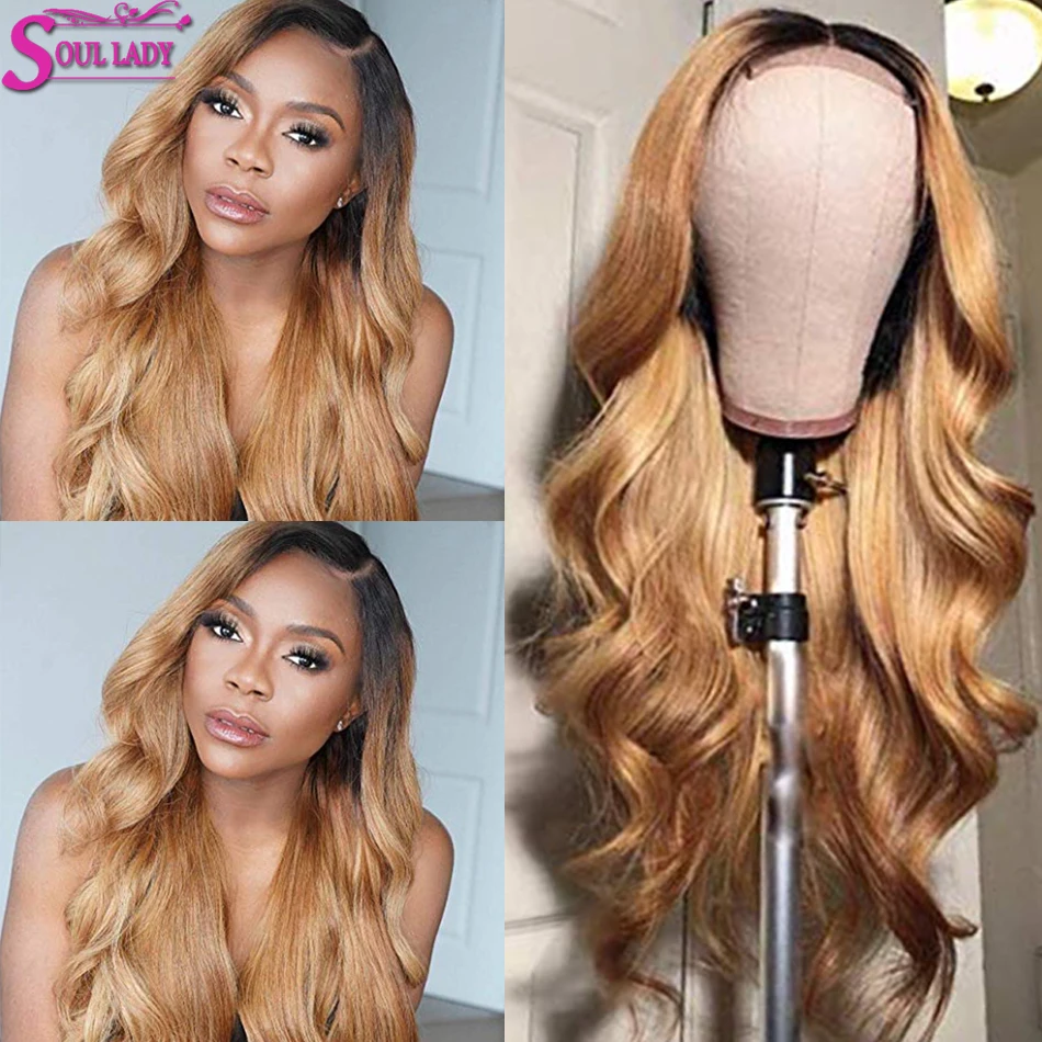 Ombre Human Blonde Wig Brown Two Tone Colored Hair Wigs For Women 1B 27 Body Wave Lace Closure Remy Brazilian | Шиньоны и парики