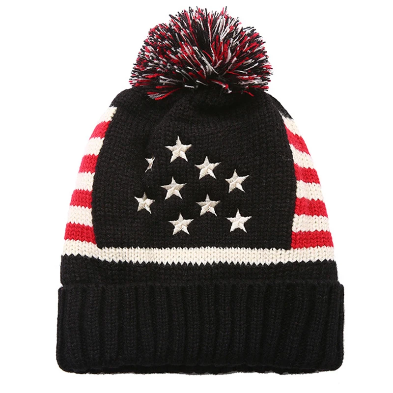 C Женская и мужская зимняя вязаная шапка с помпонами, унисекс, повседневная шапка с американским флагом, шапка с британским флагом Skullies, шапка Gorros - Цвет: C