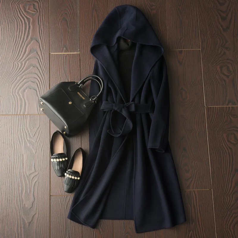 Осенне-зимнее кашемирвое пальто женское кашемировое пальто с капюшоном двустороннее шерстяное пальто ручной работы