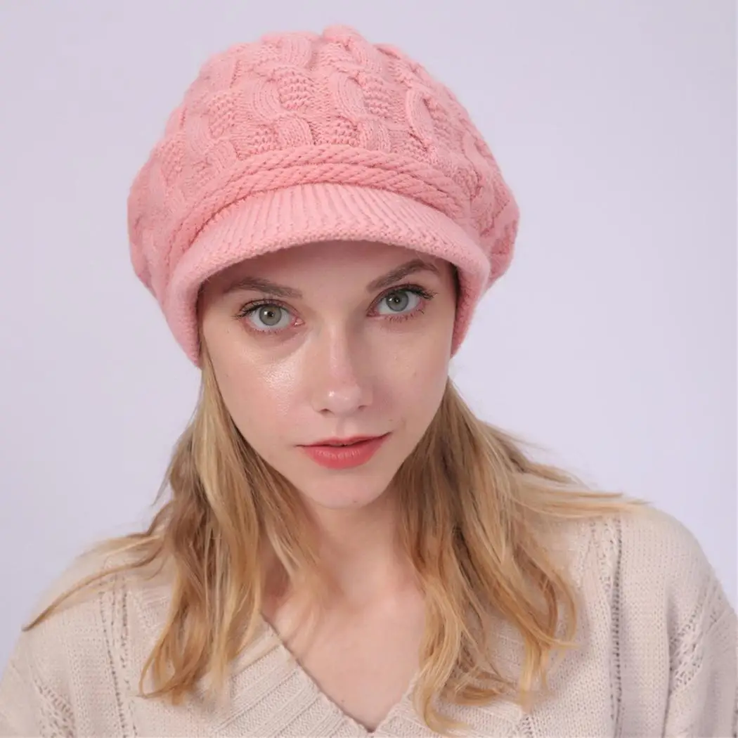 P Winter Warm Women Knitting Wool Solid 50-65cm Hat Outdoor Comfortable Plus Velvet Cap Daily Life - Color: P