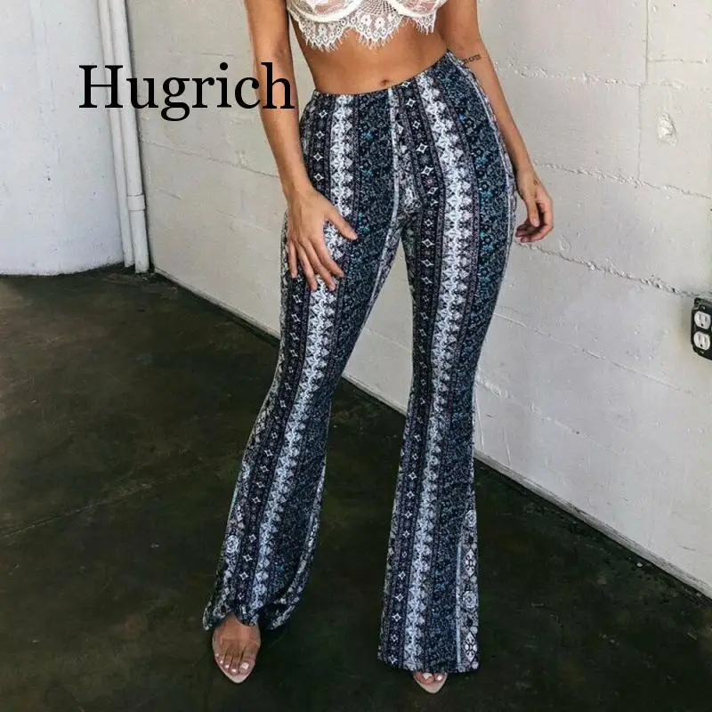 

2020 New Boho Summer Women's Stretch Bell Bottom Trousers Ladies Slim Printed Flared Pants High Waist Fashion Women Long Pants