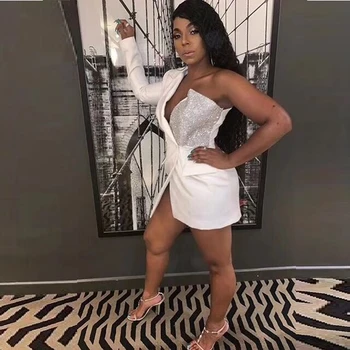

2019 New Fashion White With Silver Sequin Dress Long Sleeve Sexy V Neck One Shoulder Mini Club Button Women Dress Party Night