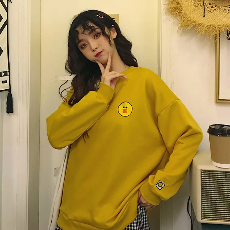 Женские свитшоты с вышивкой в виде животных; пуловеры с милым медведем и кроликом; осенний корейский пуловер в стиле Харадзюку большого размера - Цвет: Цвет: желтый