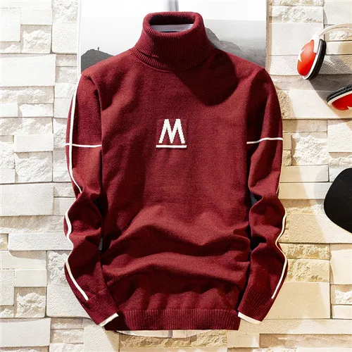 238 wine red Новые осенние новые мужские свитера с высоким воротом, пуловер, мужской однотонный облегающий свитер с высоким воротом, топы, вязаные пуловеры, M-3XL - Цвет: 238 wine red