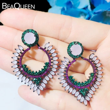 

BeaQueen Stunning Chic Light Pink Green Rose Red Crystal CZ Colorful Long Drop Statement Earrings Women Wedding Jewelry E357