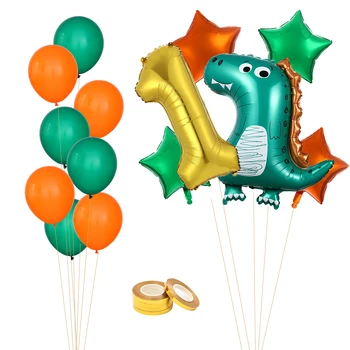

15pc green cartoon dinosaur 32 "gold matte number aluminum film 10" orange latex balloon baby shower kids 0-9 birthday golbs