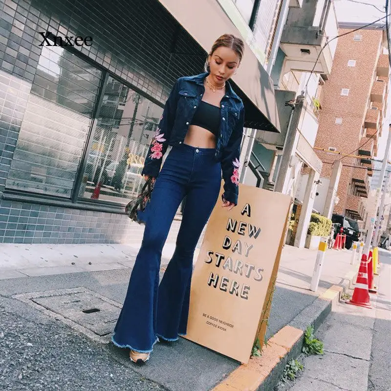 

Fashion High Waist Flare Jeans Women Bell Bottom Denim Ladies Skinny Jeans Retro Female Long Wide Leg Pants Trousers