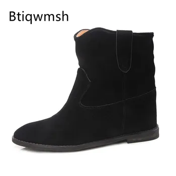 

2019 Retro Design Ankle Boots Women Round Toe Black Beige Real Leather Height Increase Wedges Heel Boots Ladies Martin Boots