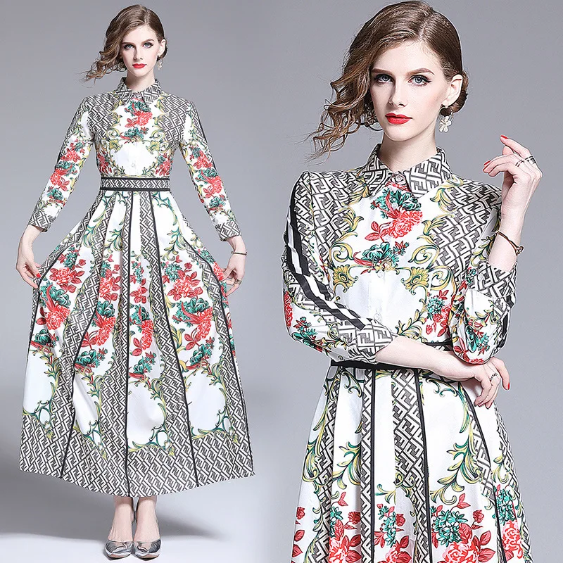 

2019 Autumn New Products WOMEN'S Dress Europe And America Versitile Fashion Waist Hugging Slim Fit Slimming Positioning Floral P