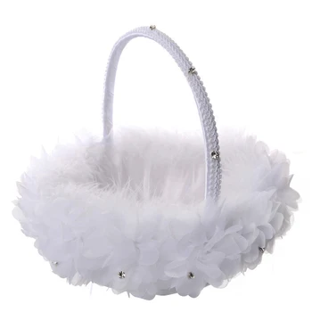 

White Flower Girl Basket Wedding Party Banquet Decor Romantic Storage Basket Holding Flowers Petal Candy Gift Lace/Ostrich Hair