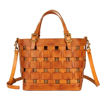 

New PU Handbags Top Layer Cowhide Hand-Woven Handbag Retro Casual Shoulder Messenger Bag Brown