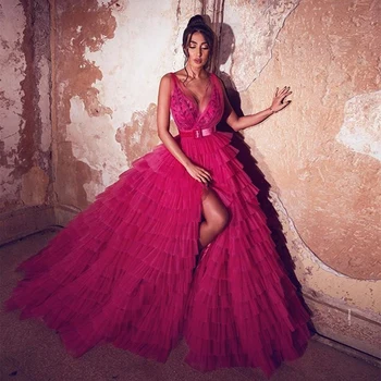 

2020 Latest Design V Neck Slit Layered Ruffles Plus Size Ball Gown Prom Dress