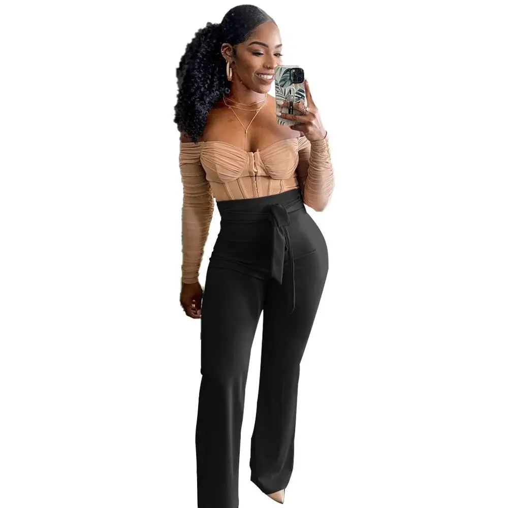 

2021 Autumn New Arrivals European and American Women's Casual Fashion Slim-Fit Straps Solid Color High-Waist Women's Trousers