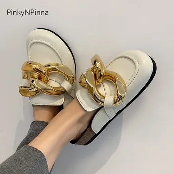 

2021 spring holiday runway women genuine leather thick bottom flat mules slip on soft casual shoes slippers metal chain loafers