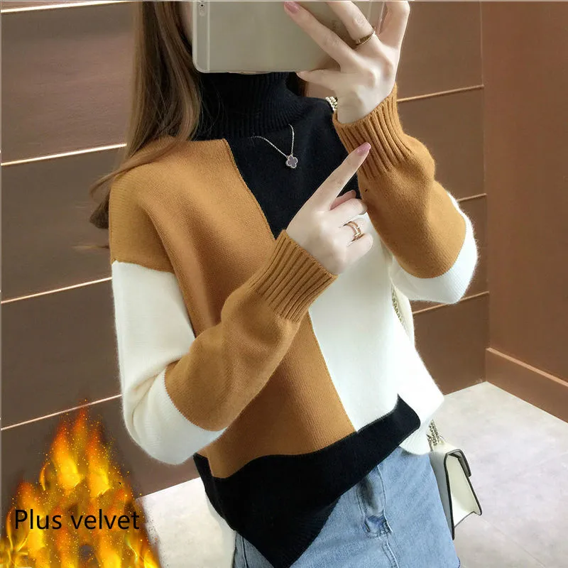 Plus velvet 5 Neploe толстый свитер с высоким воротником Женский пуловер вязаный контрастный цвет Pull Femme свободная зимняя одежда в стиле пэчворк 46771 - Цвет: Plus velvet 5