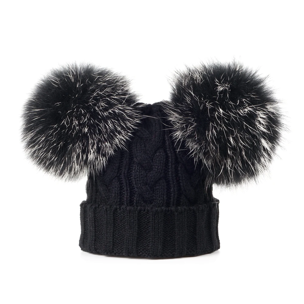 15 CM POM POM Милая шапка с черепом и помпонами из натурального меха для мальчиков и девочек, детская зимняя теплая Шапка-бини - Цвет: 15 CM POM POM