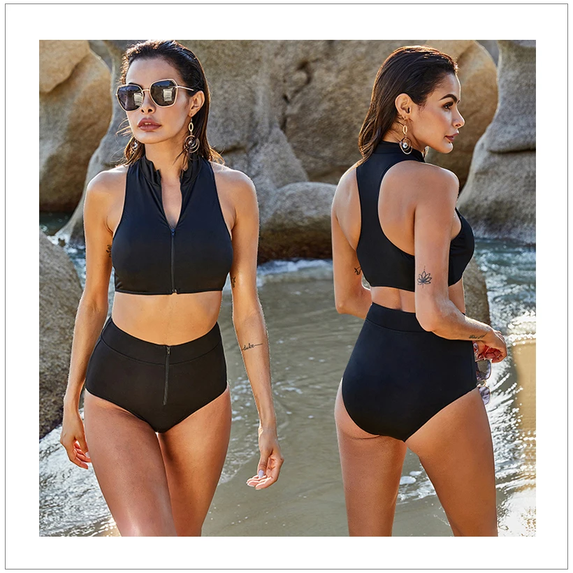 FELIX & FELICIA swimsuit women solid high waist swimwear sexy push up bikini female two-piece beach swimming zipper bathing suit triangle bikini set