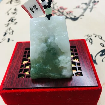 

2020 pure natural Jadeite carved light green two-color mountain pendant with green bead chain sweater chain Send A-level certif