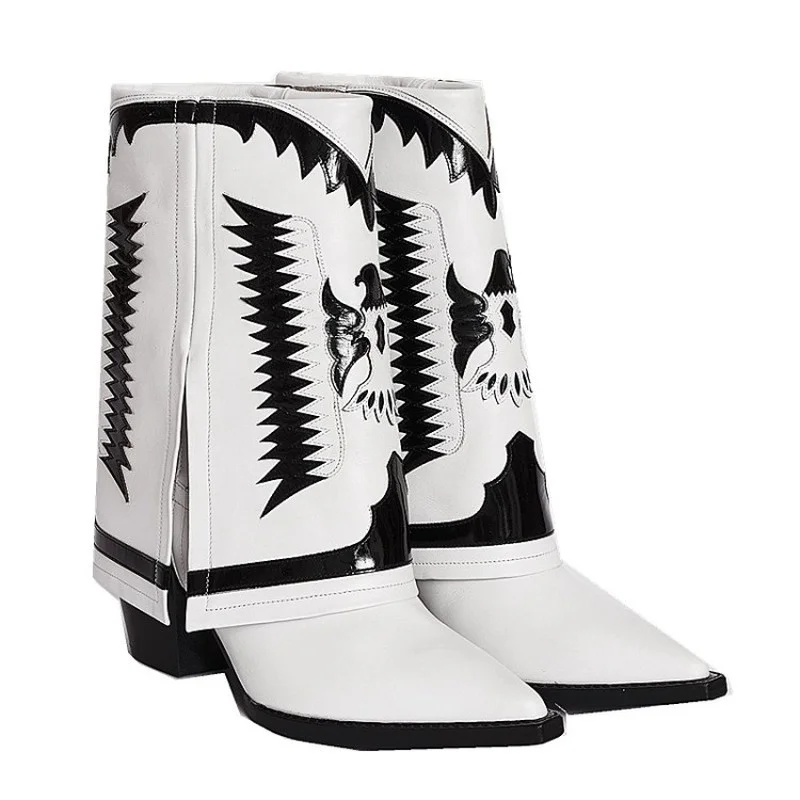 Botines de cuero de moda para mujer, botas puntiagudas de tacón grueso con  costuras blancas, temporada otoño invierno, 2021|Botas a media pantorrilla|  - AliExpress