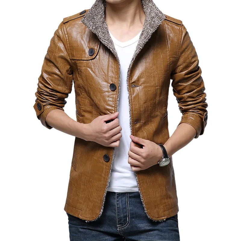 Зимняя теплая куртка из искусственной кожи, Мужская однотонная куртка из искусственной кожи с длинным рукавом, толстая приталенная мужская куртка с воротником-стойкой, Тренч - Цвет: Khaki