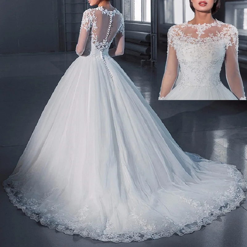 Женское свадебное платье с кружевной вышивкой круглым вырезом и длинным рукавом