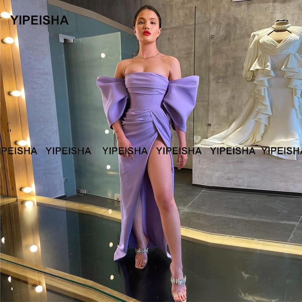 Yipeisha Lavender Prom Dresses High Split Off-shoulder Mermaid Evening Gown Jersey Robe de Soiree Puff Sleeves Party Dress white evening dresses