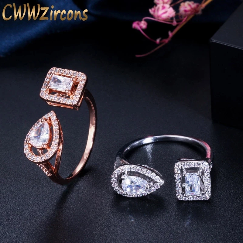 

CWWZircons Open Cuff Design Gorgeous Cubic Zirconia Stones Fashion Rose Gold and Silver Color Adjustable Ring for Women R135