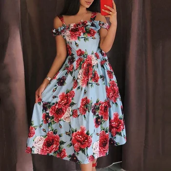 

2020 Summer Women Sexy Off Shoulder Floral Printed Midi Dress Fashion Ruffles Sling High Waist Boho Swing Beach Dresses Female