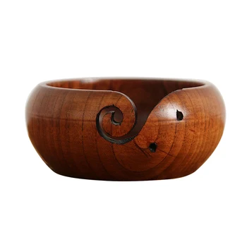 

Hand Crafted Wooden Yarn Storage Bowl with Carved Holes & Drills | Knitting Crochet Accessories