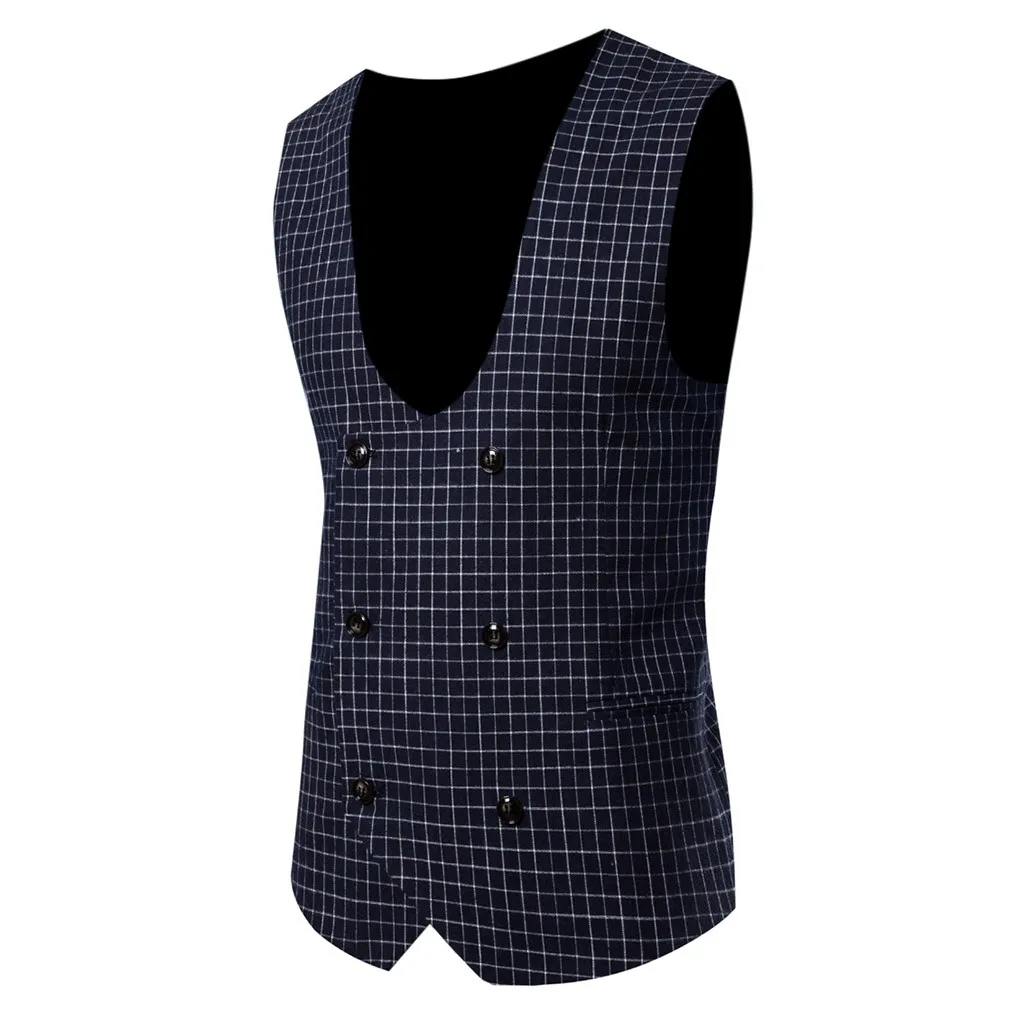 Men Fashion Business Smart Casual plaid double breasted vest Wedding Party Waistcoat Tops vintage gilet Jacket free shiping - Цвет: Navy 6
