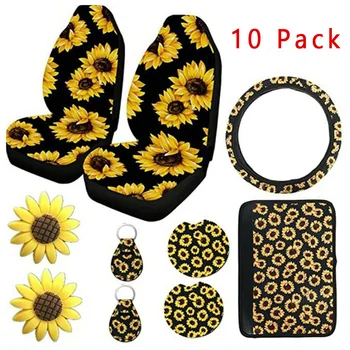 

10 PC Universal Sunflower Car Steering Wheel Front Seat Covers Armrest Pad