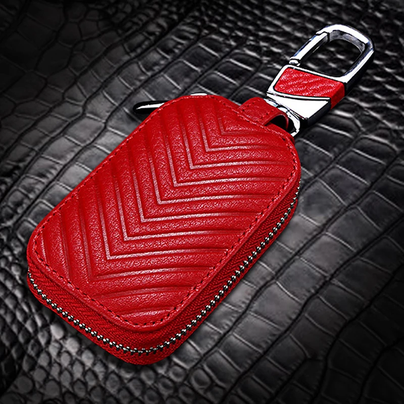 

7.2x4.2x1.8cm Smart Key Pouch Holder Cover Leather Alloy Auto Key Bag Interior Zipper Car Key Cases Red