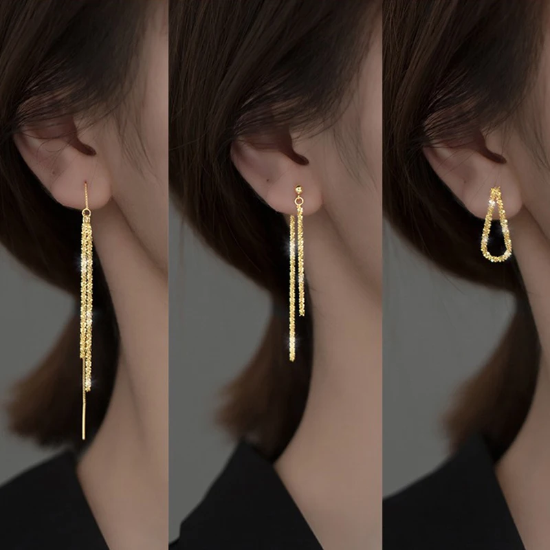 

925 Sterling Silver Popcorn Chain Earrings For Women Jewelry On The Ear Long Tassel Water Droplets Accessories Gold Color Gift