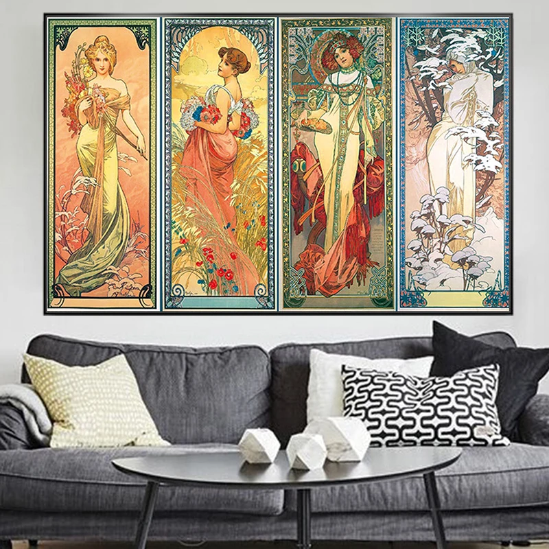 Alphonse Mucha Times of Day винтажные постеры и настенные принты в стиле модерн женские картины на холсте