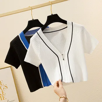 

Make v-neck bump color striped sweater with short sleeves paragraphs short summer han edition cultivate one's morality of tall w