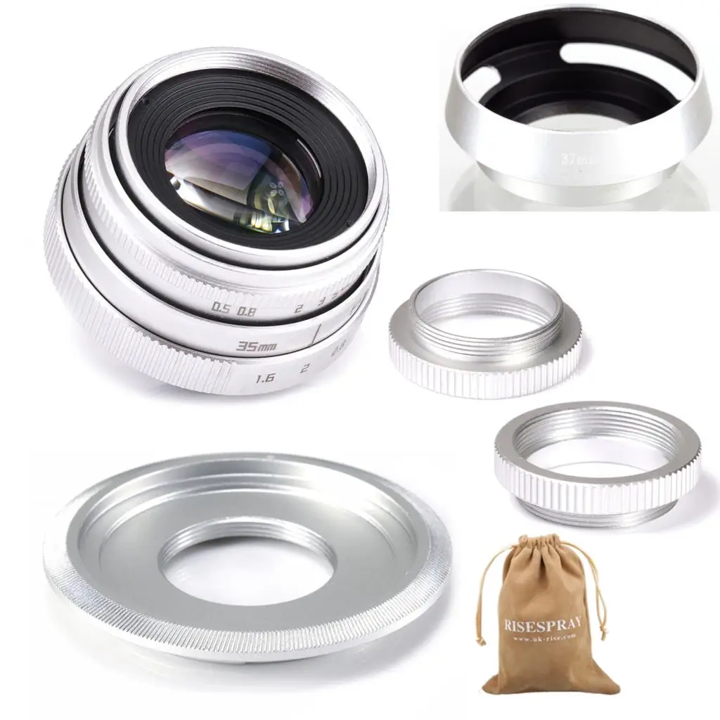 Argento Mini 35 Millimetri F/1.6 Aps-C Cctv Lens + Anello Adattatore + 2 Macro Ring + Lens Hood Per Sony Nex E-Mount Nex-Mirroless Macchina Fotografic