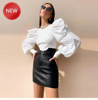 

Tops Women 2020Fashion Big Puffy Sleeve Slim Waist Patchwork Tee Top Women Chic Royal Style Top