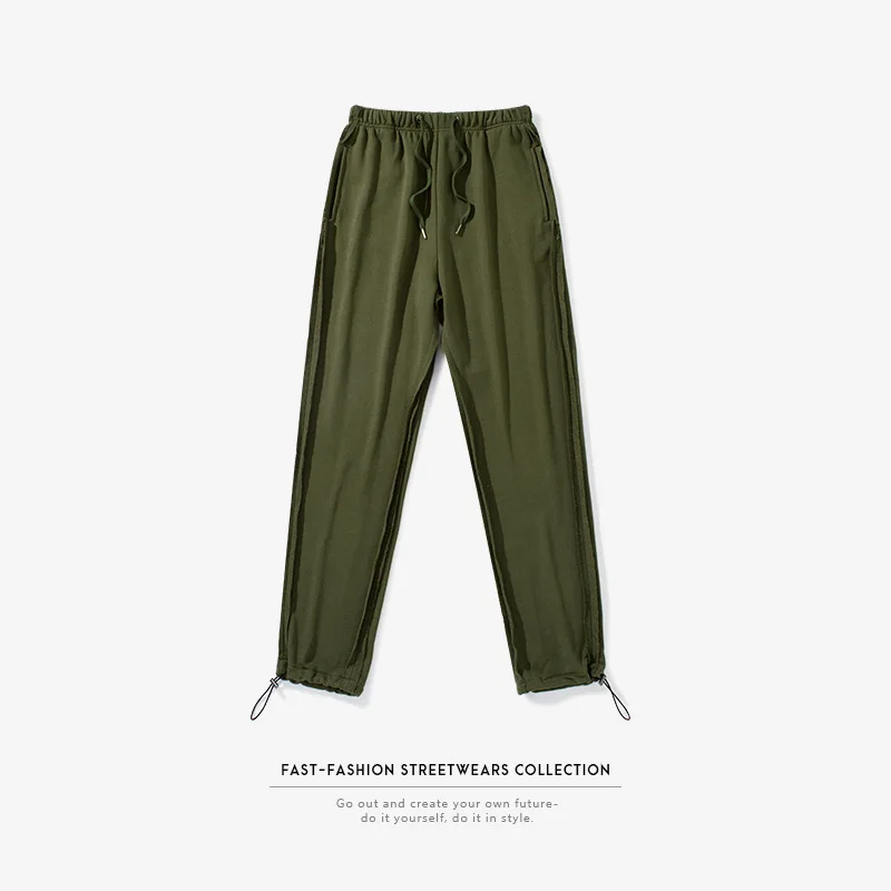 Негабаритных махровые Лоскутные джоггеры брюки для мужчин и женщин хип-хоп рассеянный край вырезанные повседневные брюки Модная Нижняя металлическая кнопка - Цвет: Армейский зеленый