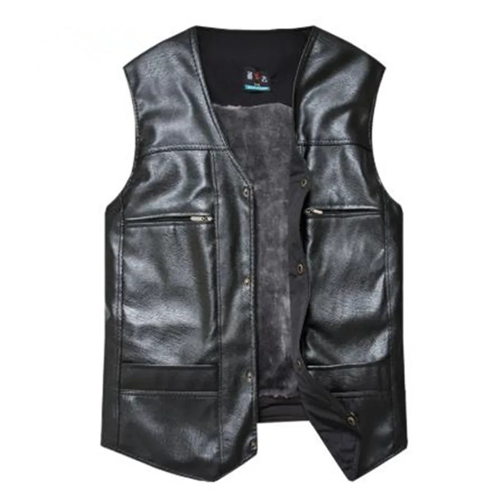 

Man Autumn Hot Sale V-neck Solid Single Breasted Velvet Thick Pu Outerwear Male Winter Warm Cardigan Pu Coat