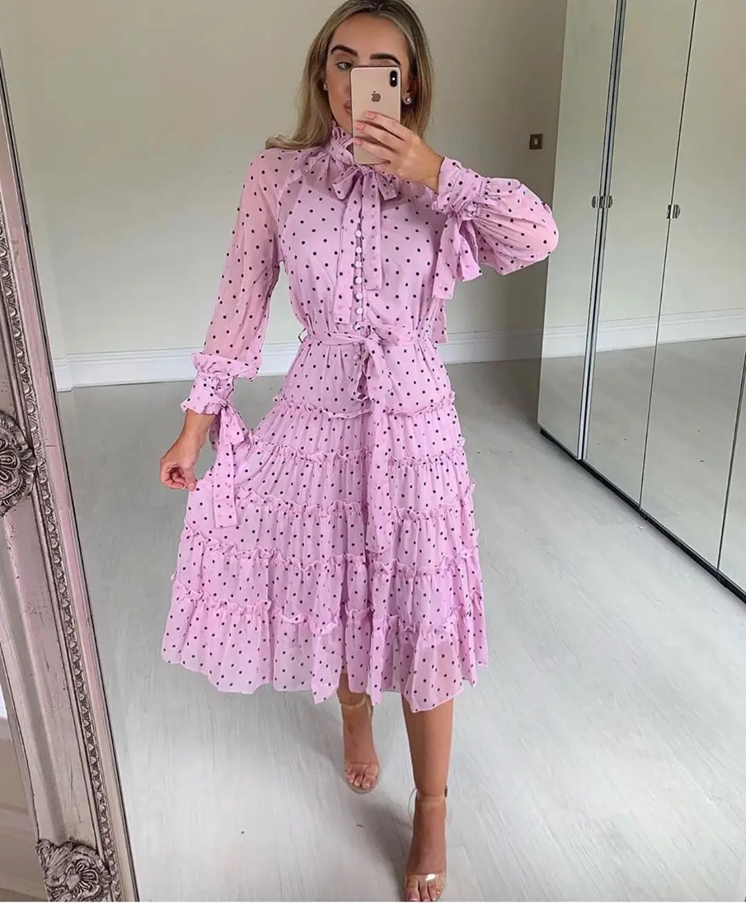 

2019 Women Long Sleeve Chiffon Ruffles Polka Dot Printed Long Maxi Beach Dress