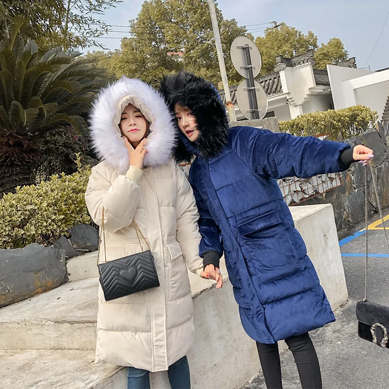 

2018 Most New Style Gold Velvet Mid-length Cotton-padded Clothes Women's Large Pocket Large Fur Collar Mid-length Korean-style T