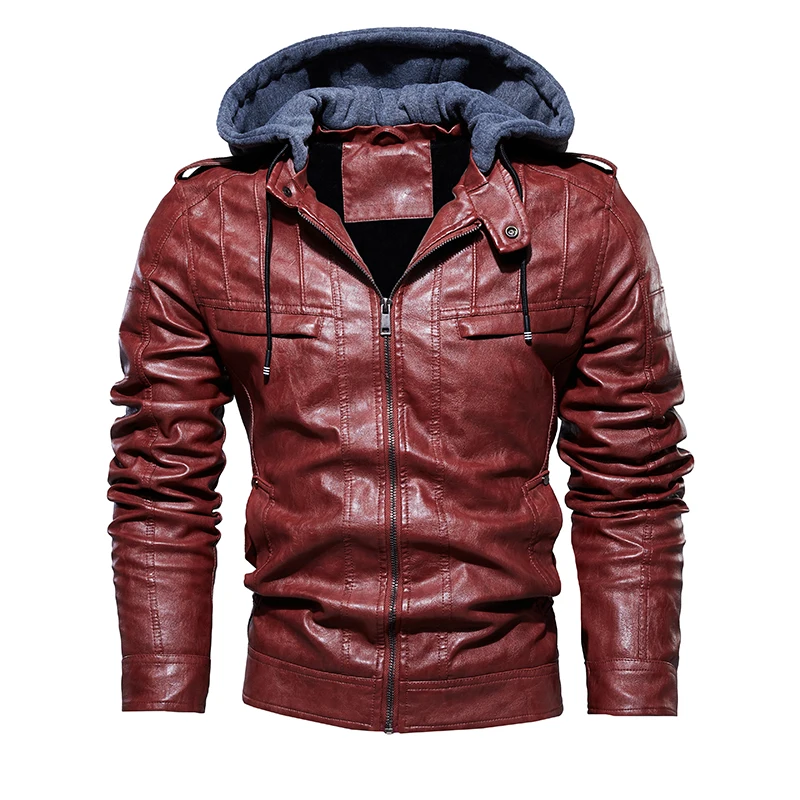 Зимняя мужская кожаная куртка с капюшоном, мотоциклетная бейсбольная куртка из искусственной кожи, Мужская теплая флисовая ветровка, верхняя одежда, куртки с капюшоном, Jaqueta - Цвет: DDT24 Red