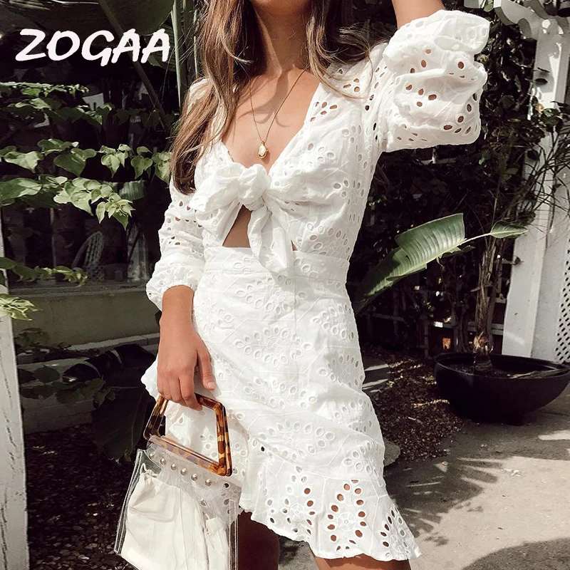 Женское пляжное платье ZOGAA белое ажурное с бантом элегантное кружевное