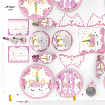 

Unicorn Theme Cartoon Party Set Tableware Plate Napkins Banner Birthday Candy/popcorn Box Baby Shower Party Decoration Supplies